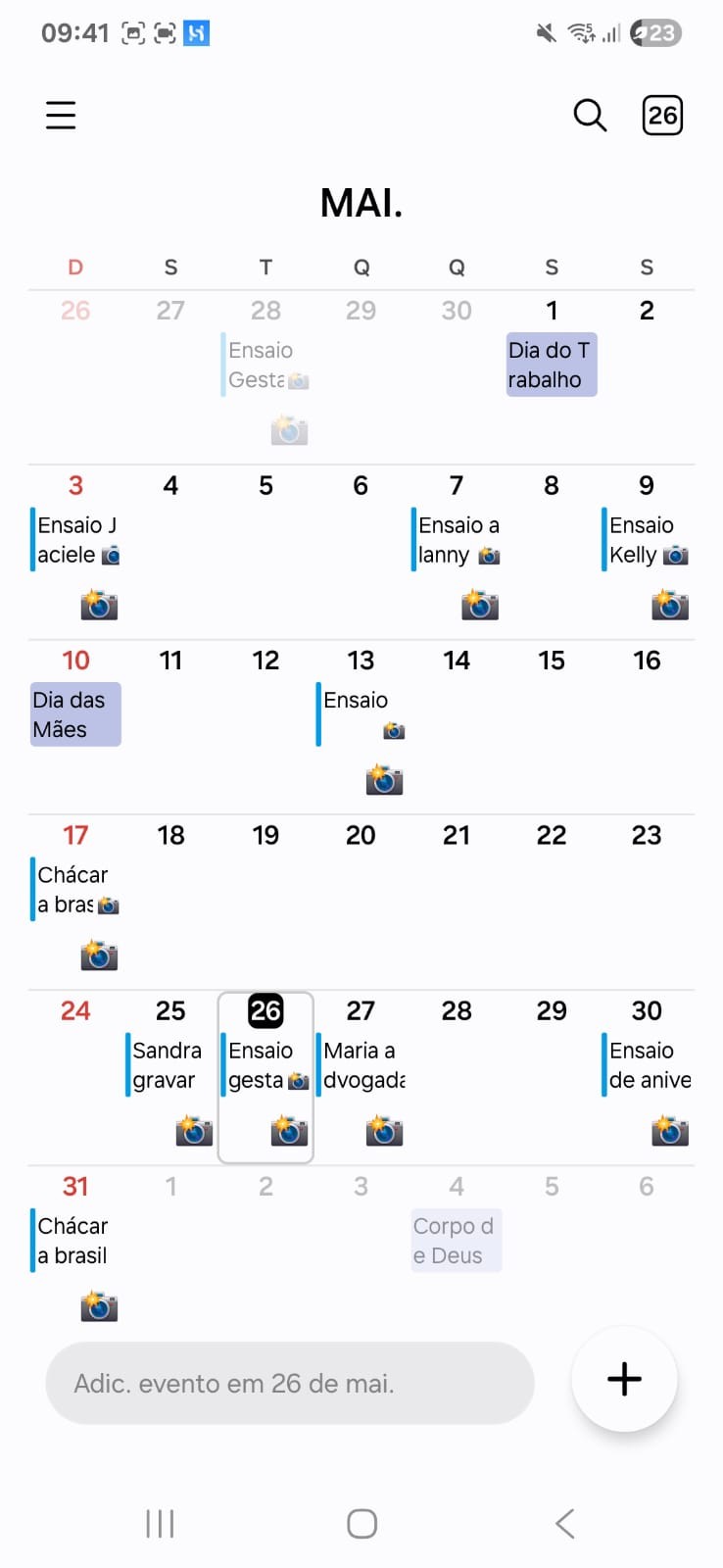 Print da agenda com vários ensaios agendados no mês