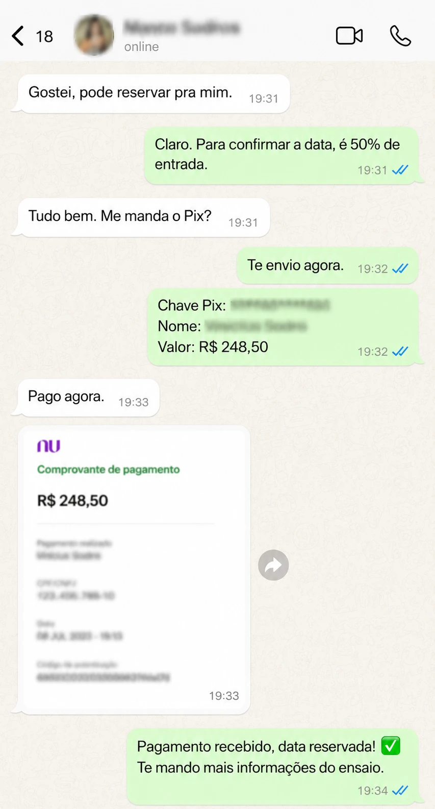 Print de WhatsApp: reserva confirmada e comprovante Pix