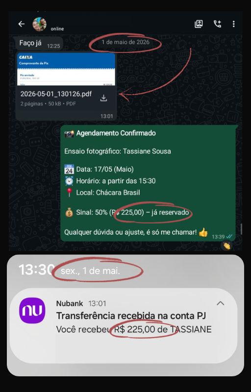 Print de agendamento confirmado e notificação de pagamento